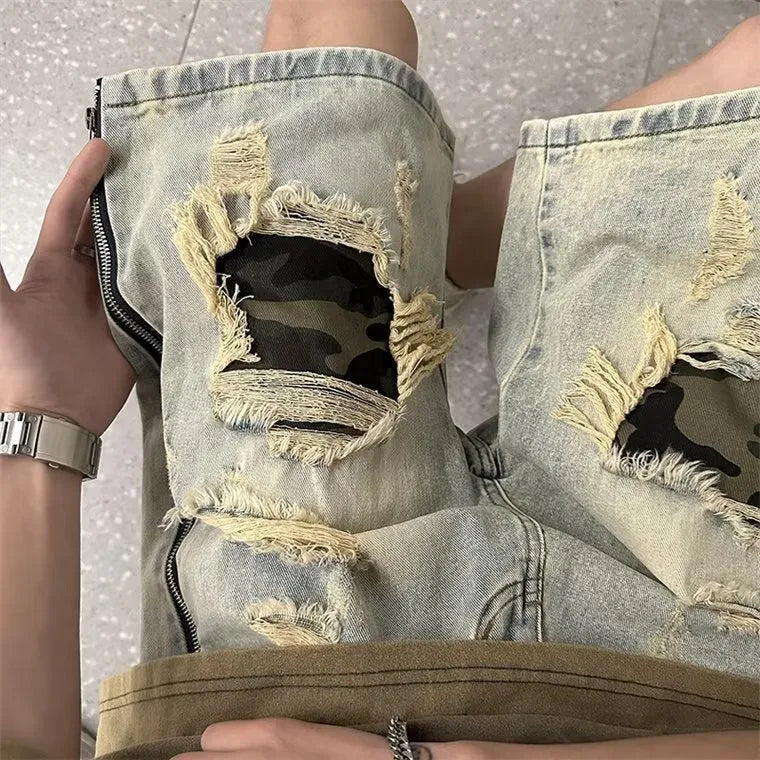 Men's yellow mud camouflage denim shorts with distressed detailing and straight-leg Korean styling