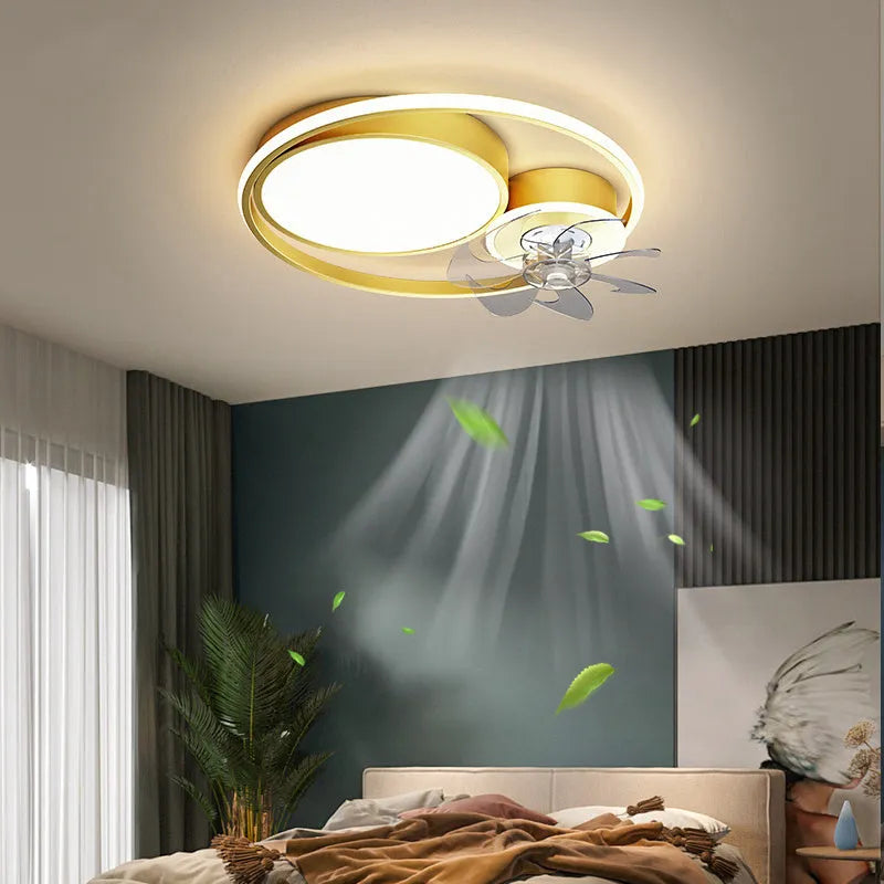 48cm overhead ceiling fan light with integrated lamp in black or gold finish, showing metal blades and acrylic lampshade.