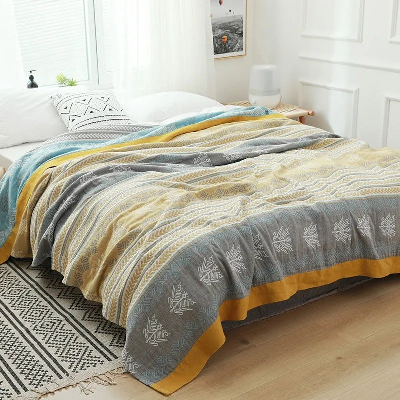 Pure cotton five-layer gauze bed sheet blanket with roulette wheel blue pattern in modern simple style