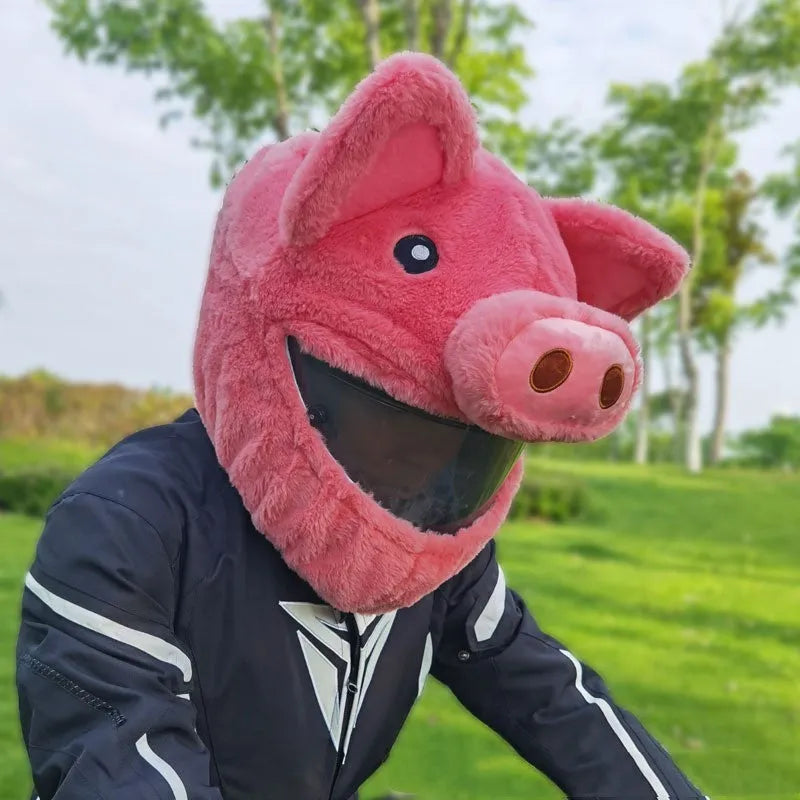 Pink pig cartoon plush motorcycle helmet protective hood made from pv velvet cloth