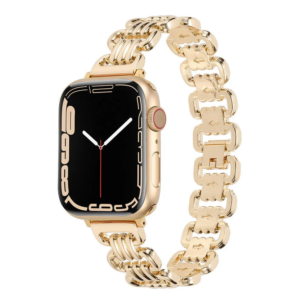 Alloy metal Apple Watch bracelet in silver, black, gold, rose gold and Starlight colours for 38mm to 49mm cases.