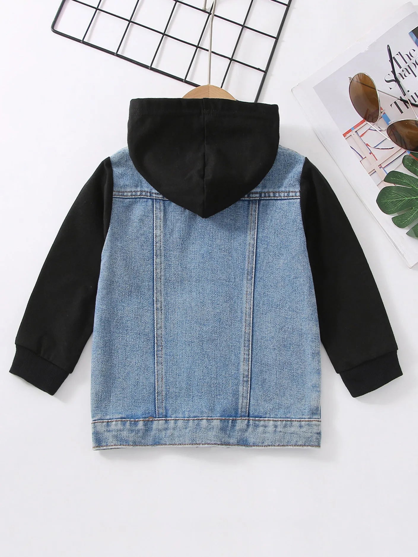 Boys cotton hooded denim coat with cartoon print in blue colour, long sleeves, single-breasted front