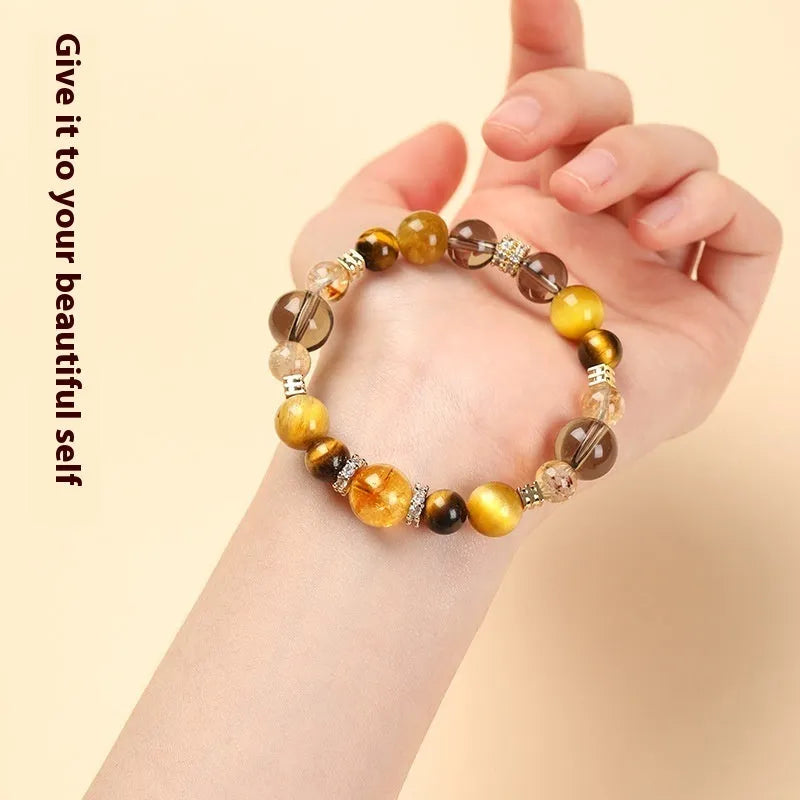 Lucky Jinba Tiger-eye crystal bracelet in natural yellow tower geometry design, shown in 10mm and 12mm sizes.