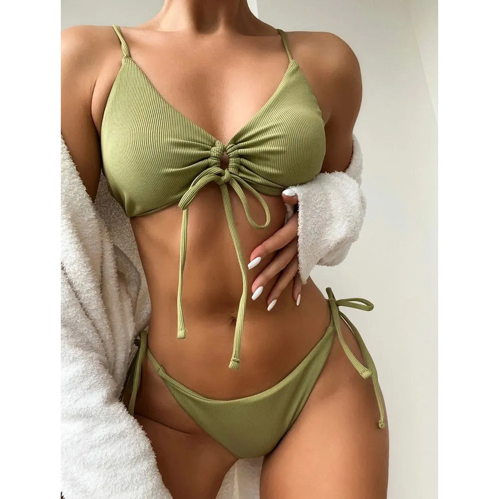 Women's solid colour drawstring bikini swimsuit in quick-dry nylon fabric