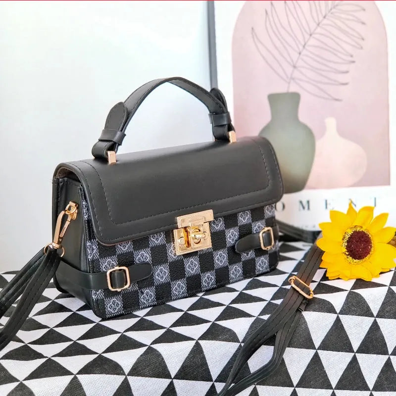 Retro small square pattern crossbody bag in PU material with file bag organisation