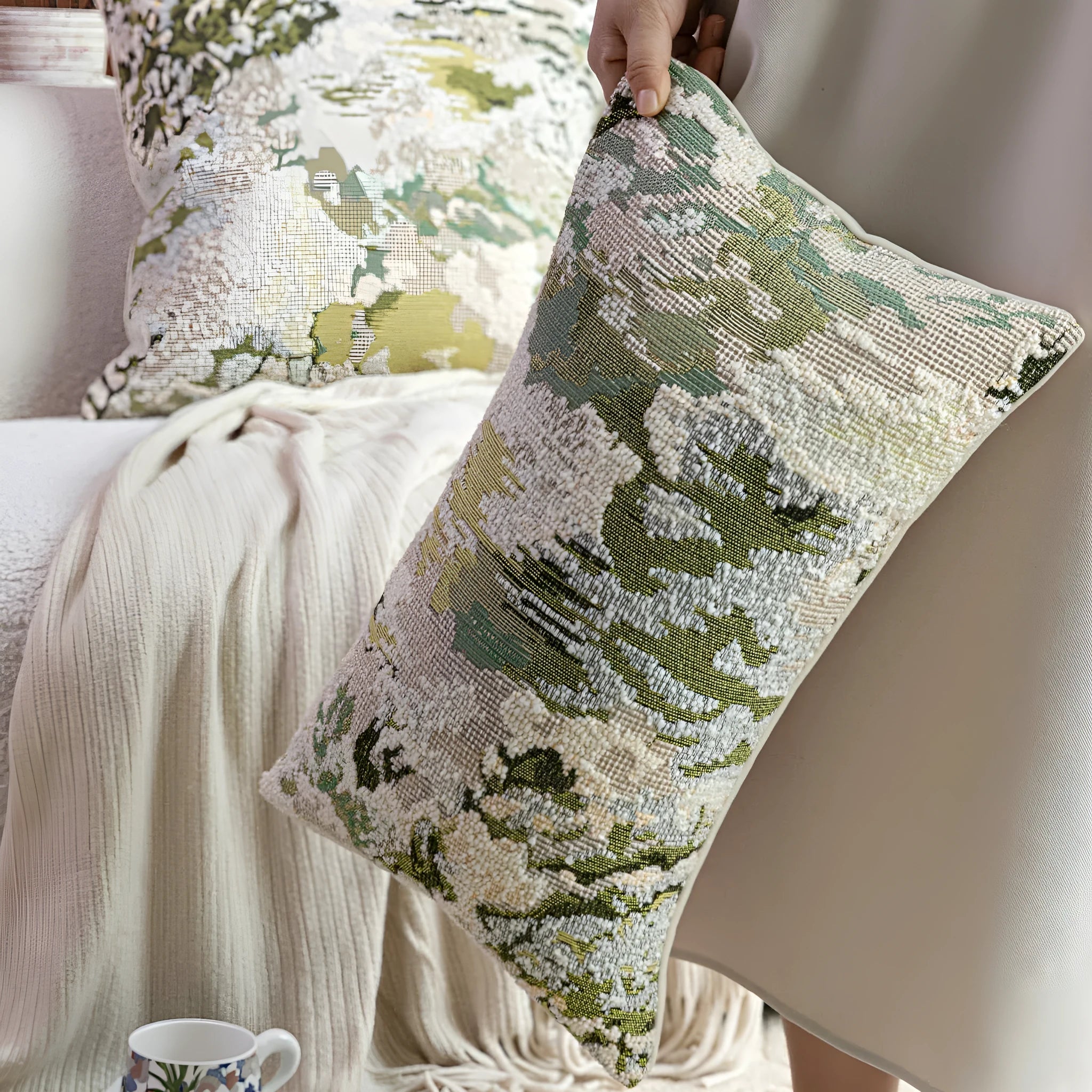 Antique green square pillow with abstract spring flowers pattern on a grey sofa.