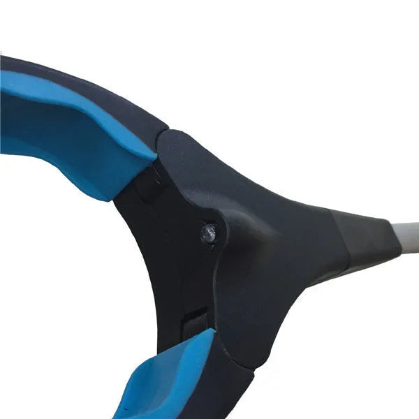 Blue telescopic folding walking stick shown extended and collapsed to 13cm, with TPR handle.