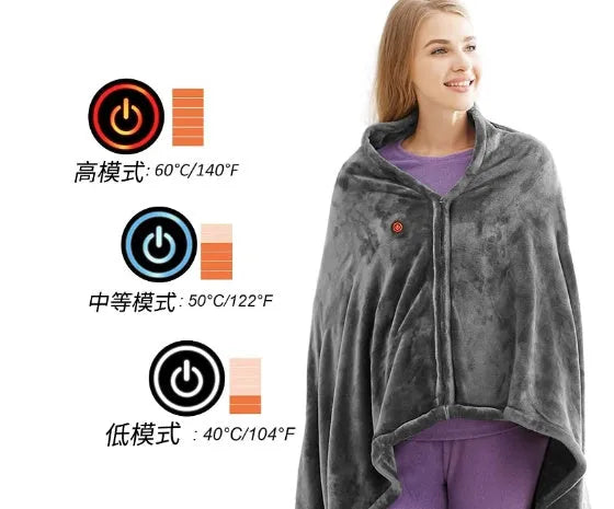 Dark grey USB heated blanket shawl made of coral fleece with controller, 150x85cm
