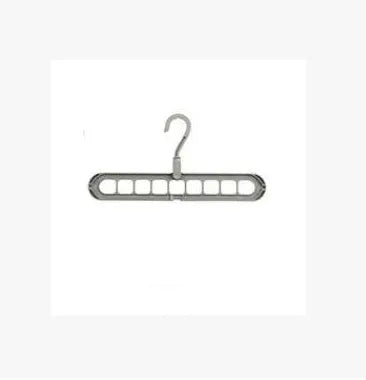 Plastic clothes hanger with rotating hook in pink and green colours on a rail.