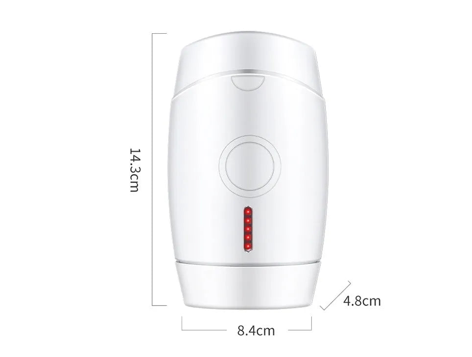 White home laser hair removal handset unit with display, shown next to its power adapter.