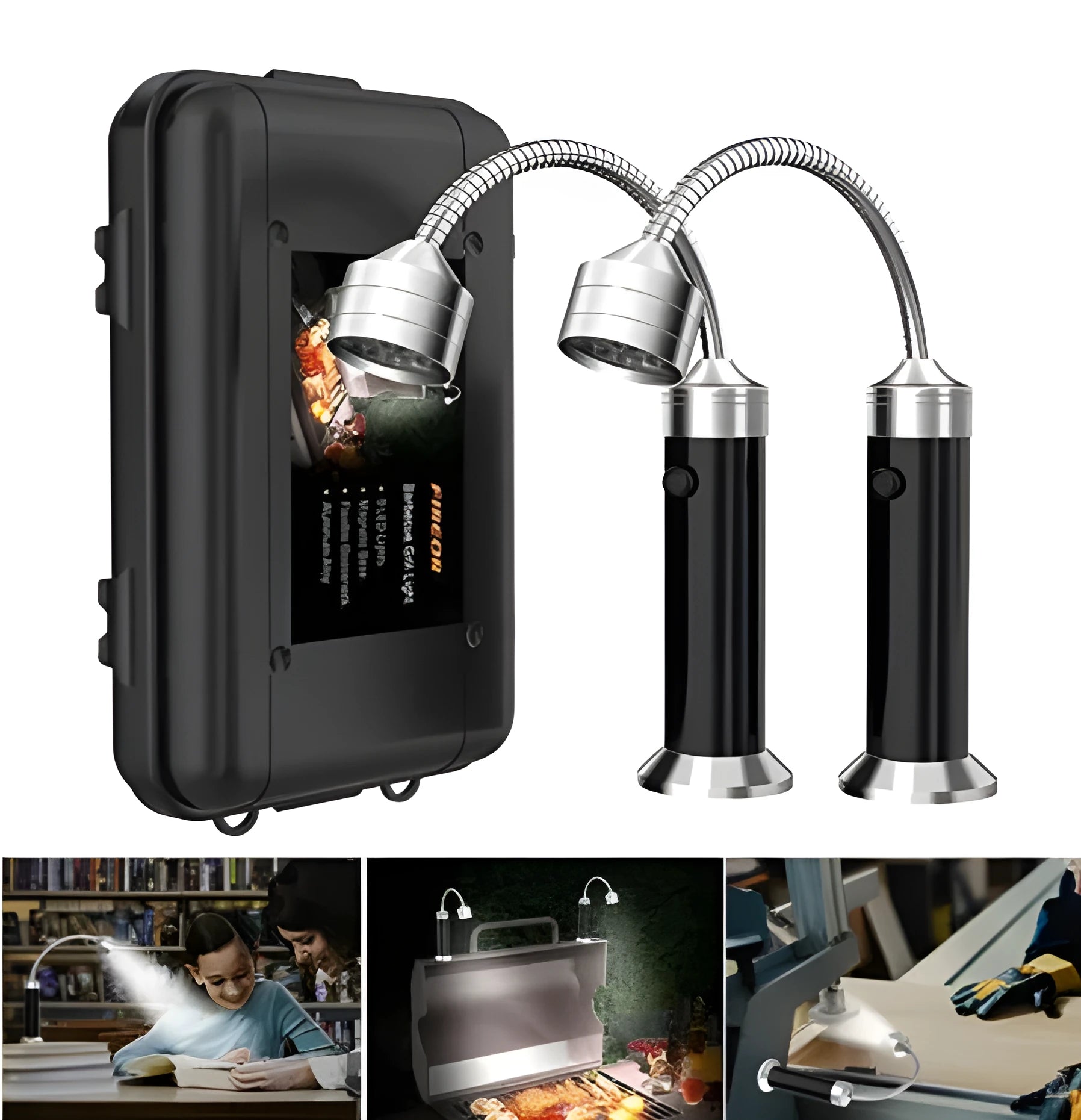 Black magnetic LED barbecue grill light with 9 LEDs and 360-degree rotating head on a metal surface