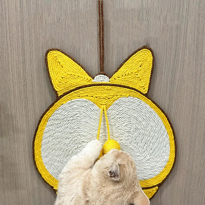 Yellow corgi butt design cat scratching pad made from natural sisal with anti-slip base
