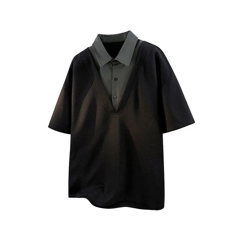 Men's black heavy henry collar short sleeve polo shirt sweater made from thin spandex fabric.