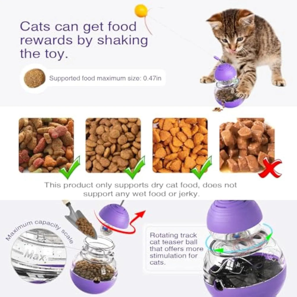 Rocking cat interactive toy with teaser stick and slow food dispenser in pink, purple, or yellow.