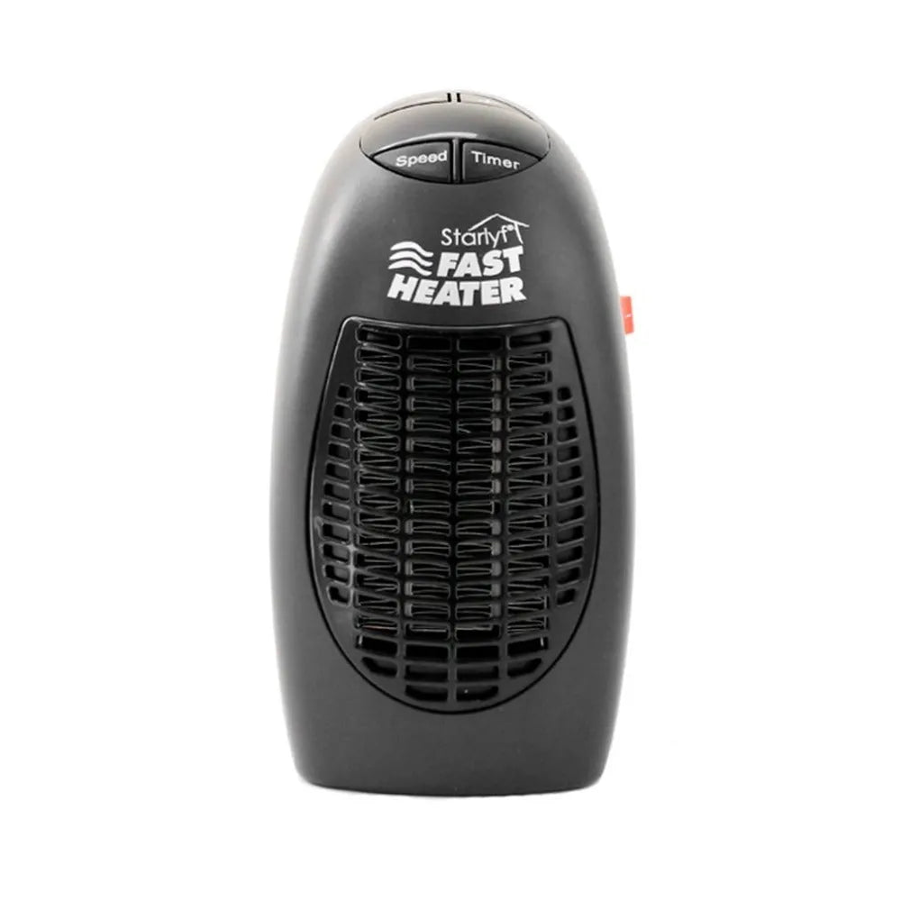 Black compact ceramic electric heater with digital display and a rotating three-prong plug on a white background.