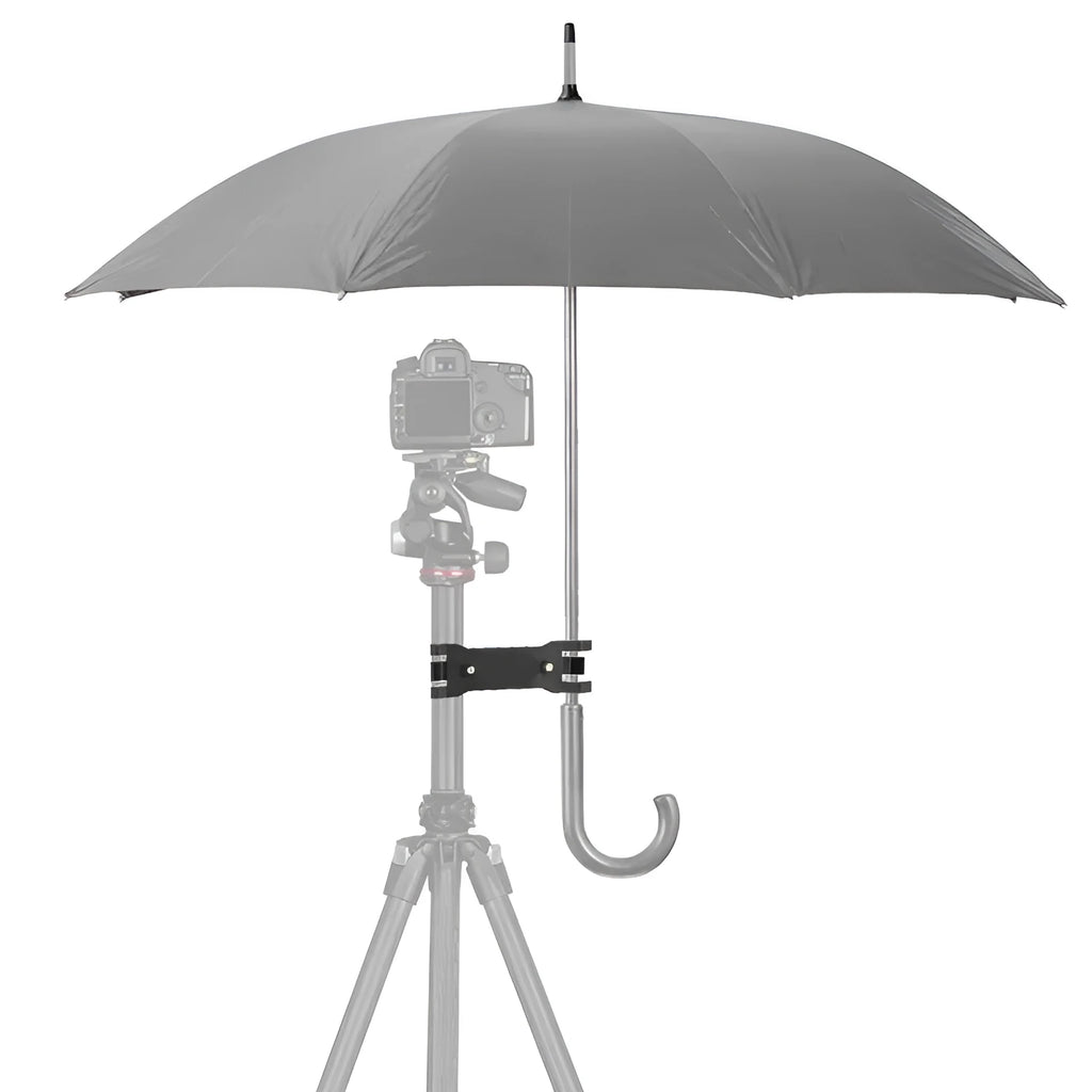 Black ABS tripod umbrella clip with screw-chuck mechanism on a tripod shaft