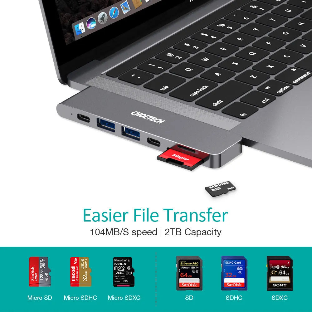 Slim aluminium USB-C hub adapter with SD card slot, HDMI, USB 3.0, and USB-C ports
