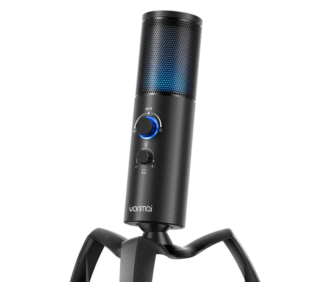Black Q18 USB condenser microphone with RGB lights on adjustable metal tripod.