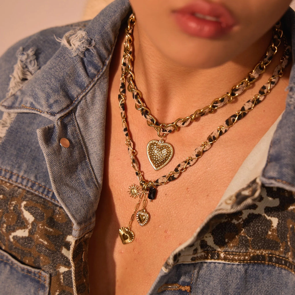 Geometric leopard love pendant necklace on stainless steel chain with 18K electroplated finish