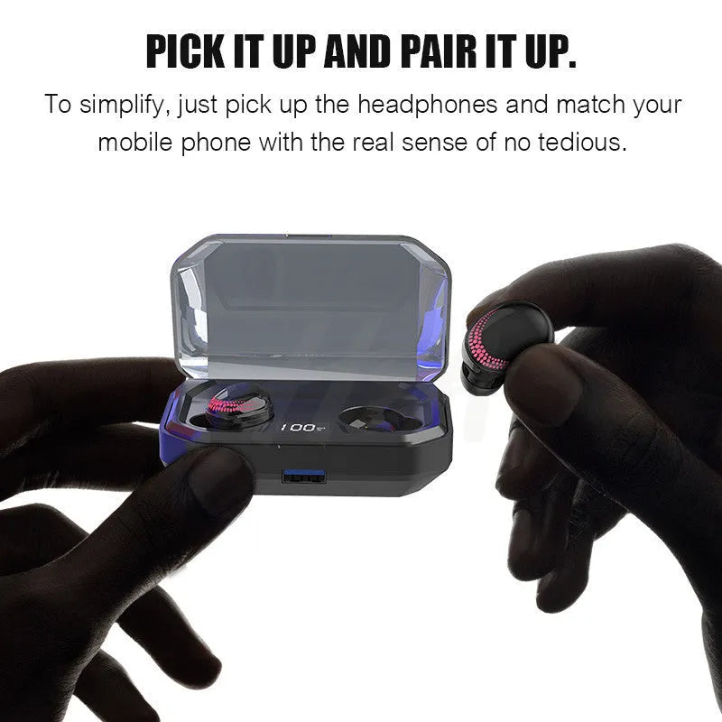 X10 Bluetooth wireless headset with charging case showing black colour option