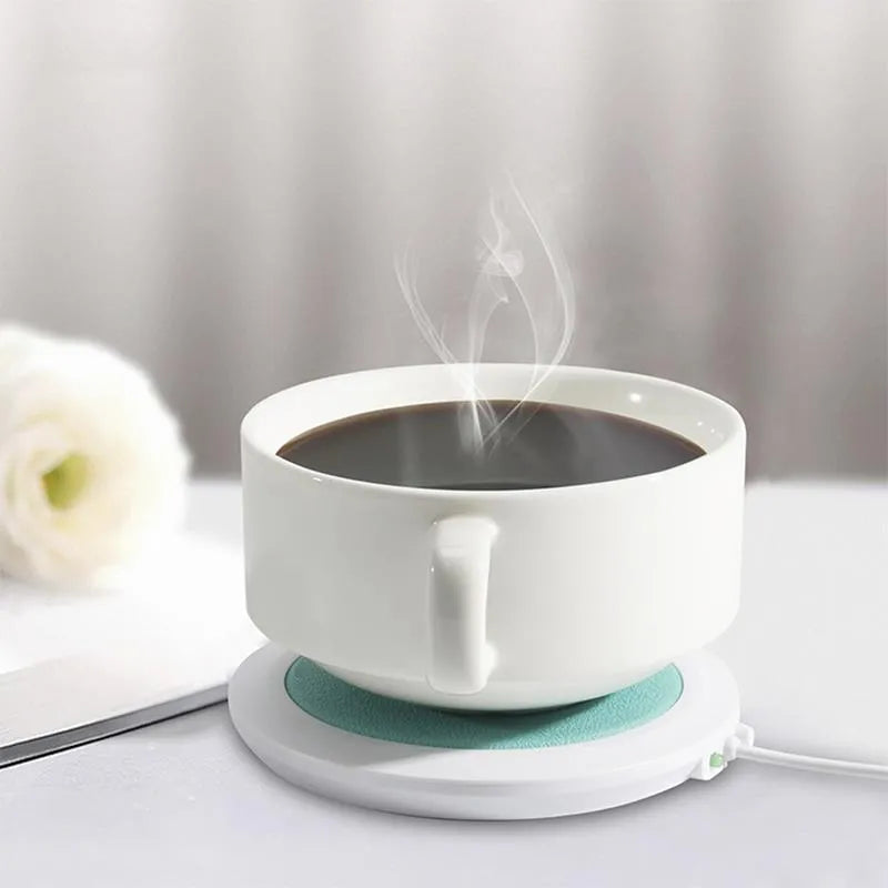 Black USB-powered heating coaster with high temperature heater for desk use.