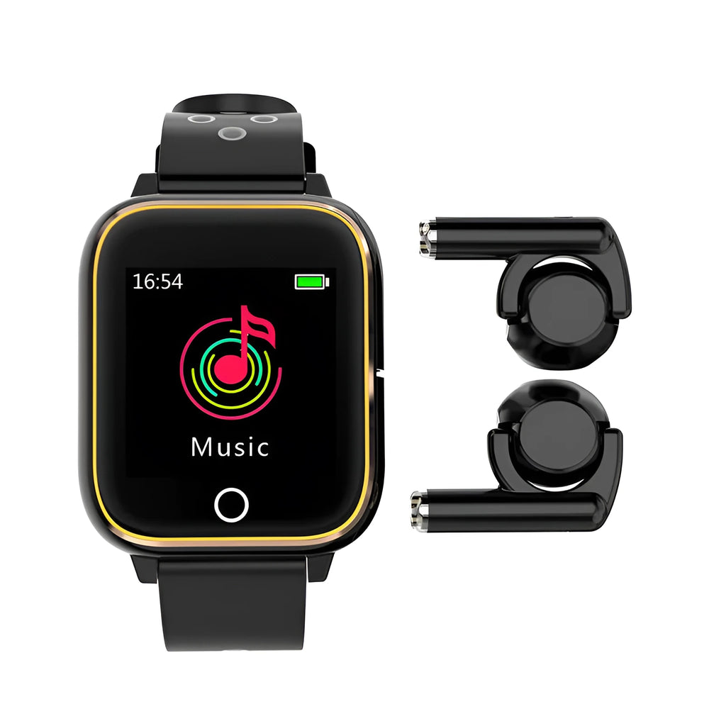 Smart watch with Bluetooth earbuds stored in charging compartment, showing 1.4-inch display with fitness metrics
