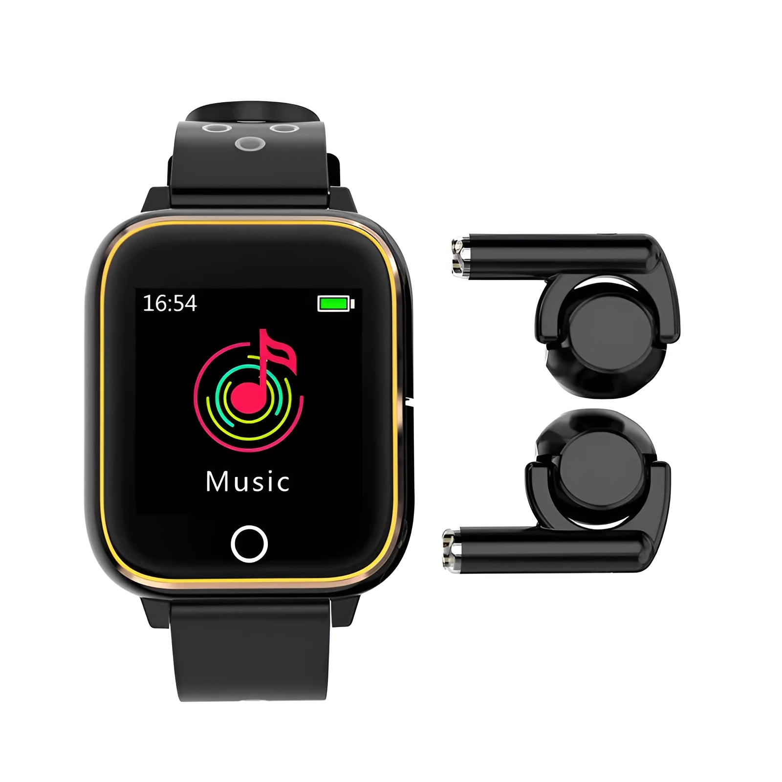 Smart watch with Bluetooth earbuds stored in charging compartment, showing 1.4-inch display with fitness metrics