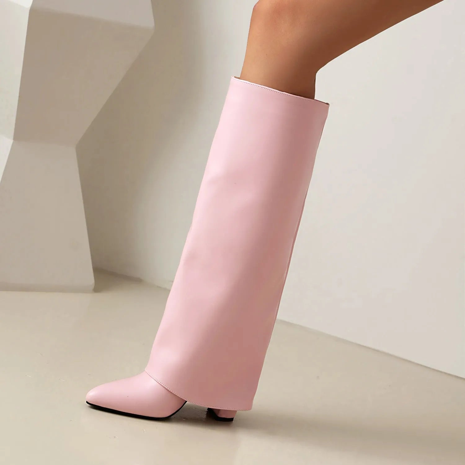 Women's plus size thick high heel knee-high boots in black, white or pink