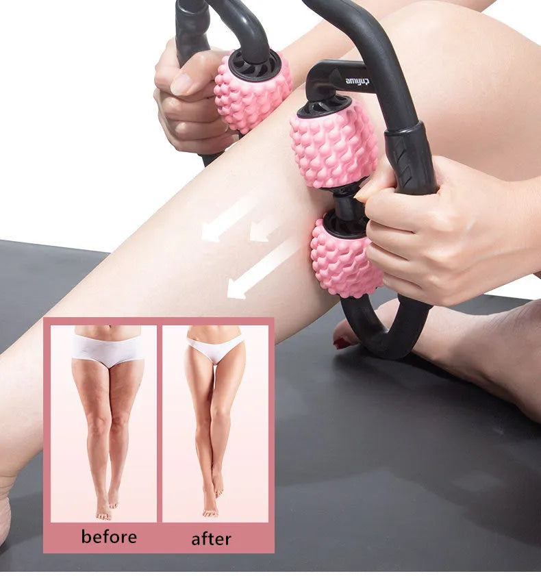 Blue muscle relaxer with four independent rollers, ergonomic handle, soft PP+EVA material, 27x25mm