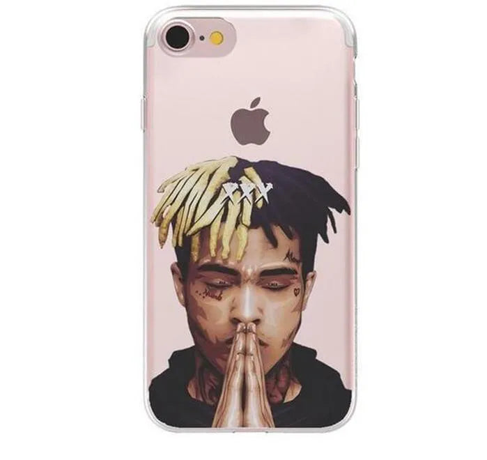 Matte transparent iPhone case with XXXTentacion pattern, showing half-wrapped design on an iPhone.