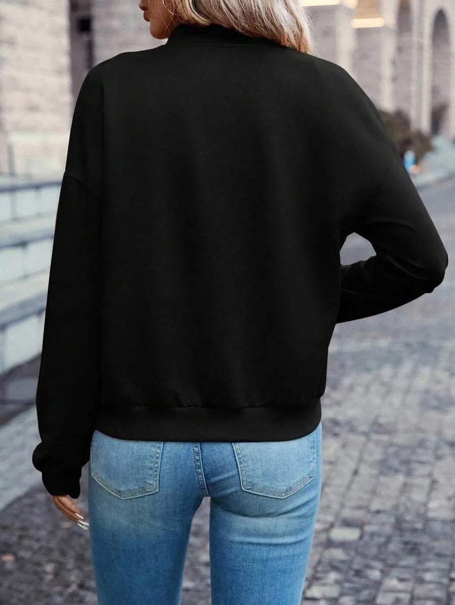 Black women's long sleeve zip-up casual jacket with faux pockets