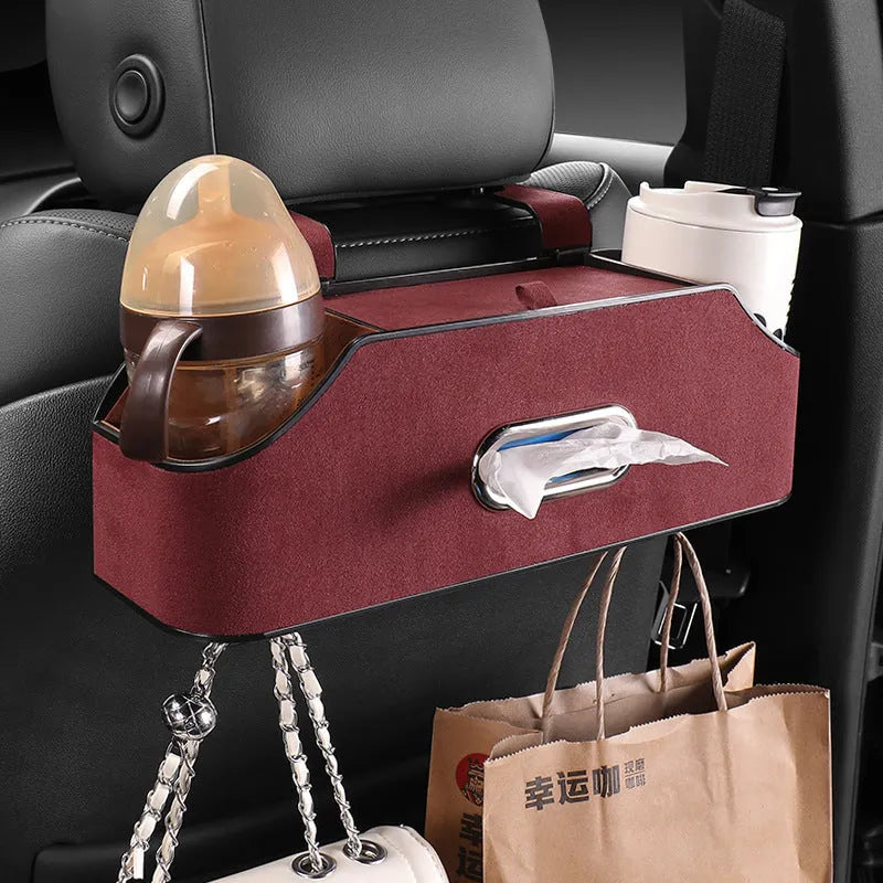 Genuine leather car tissue box for buggy suspension in beige colour showing size and mounting