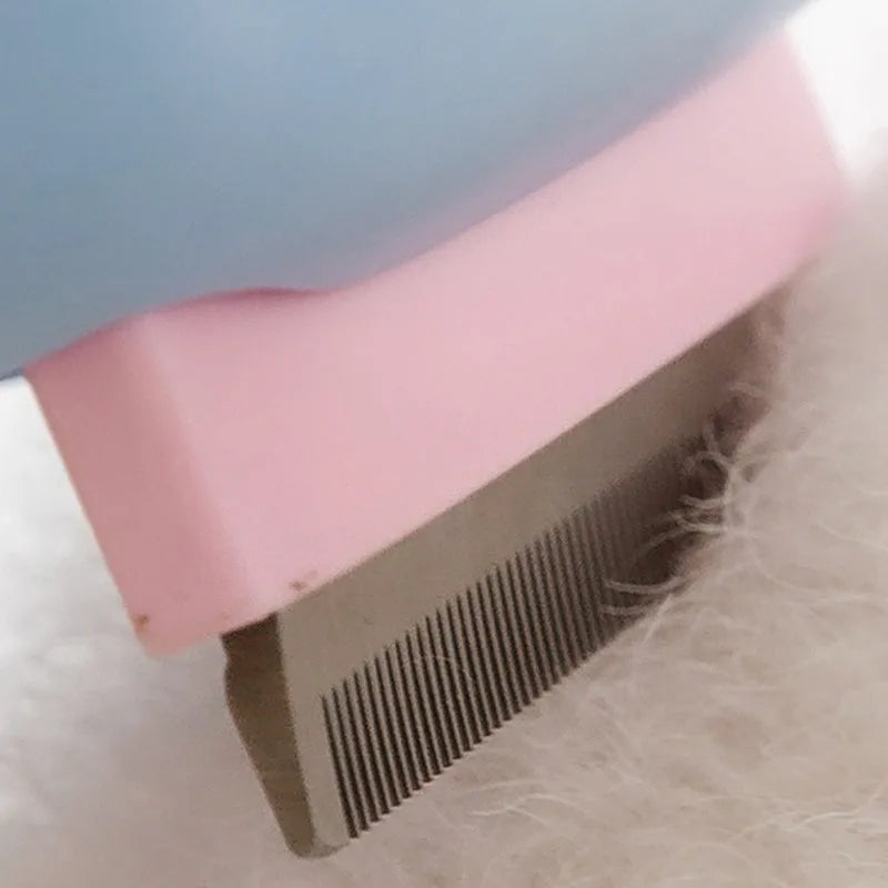 Blue and green double-sided pet grooming brush with deshedding rake and dematting comb on a white background.