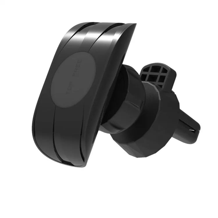 Black car phone holder mounted on vehicle air vent with smartphone