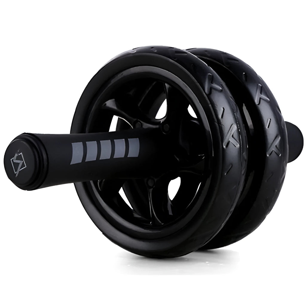 Black silent two-wheel abdominal roller with foam handles on a white background