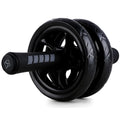 Black silent two-wheel abdominal roller with foam handles on a white background