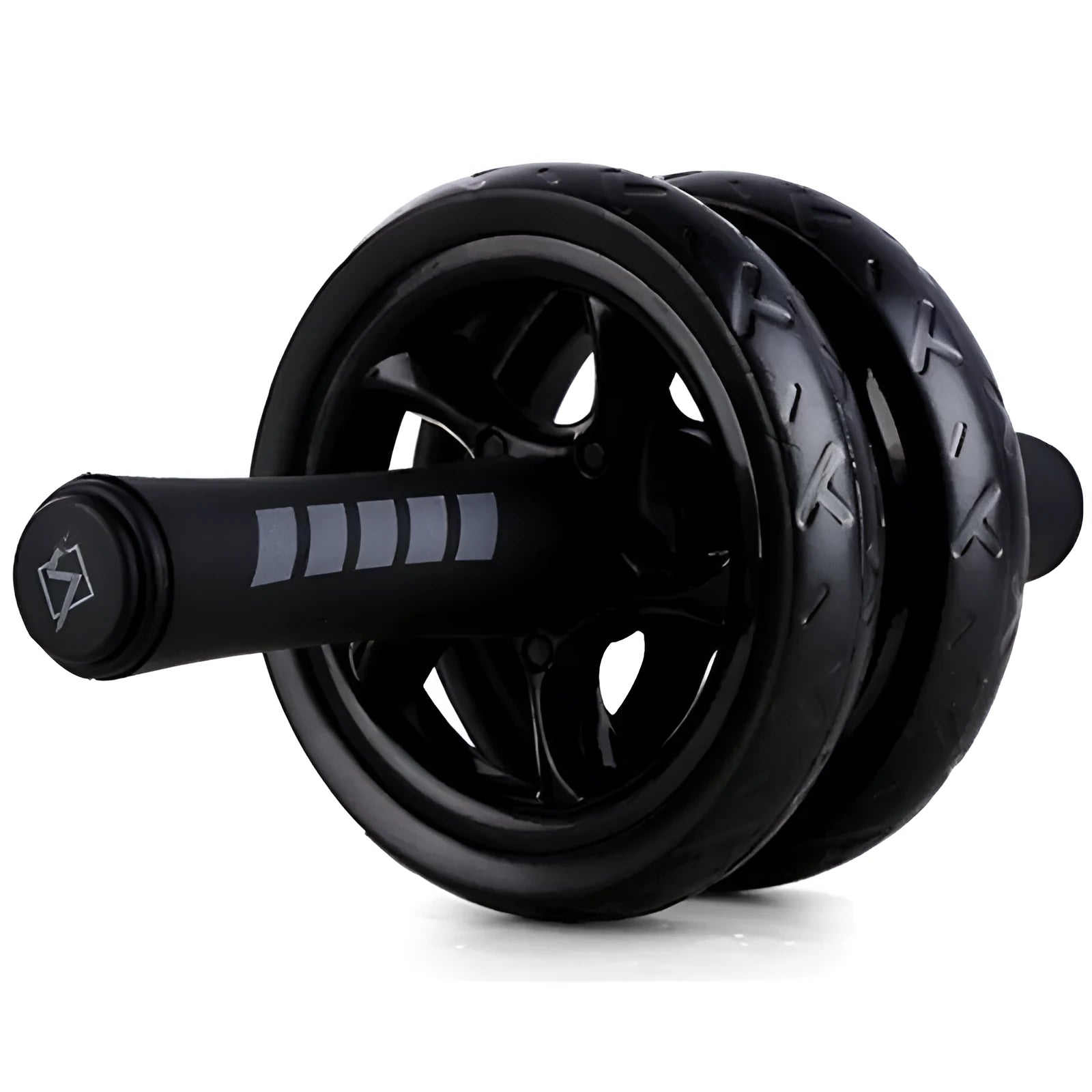 Black silent two-wheel abdominal roller with foam handles on a white background