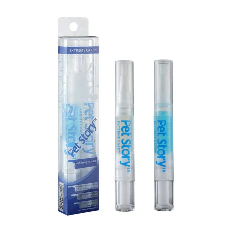 Pet tooth whitening pen kit with two pens, soft brush head, and non-slip handle for dog and cat oral care