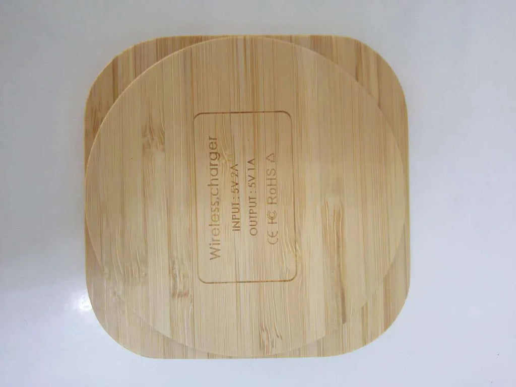 Square wooden bamboo wireless charging pad showing 92mm dimensions with Qi charging indicator light