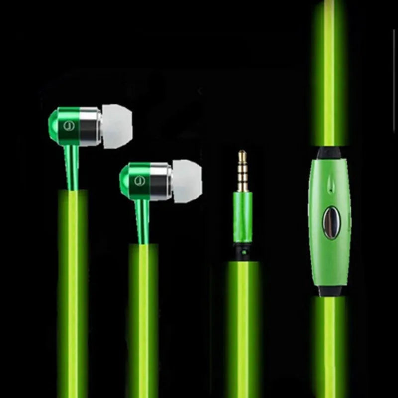 Blue light-up LED earphones with remote microphone and 3.5mm plug, compatible with iPhone.