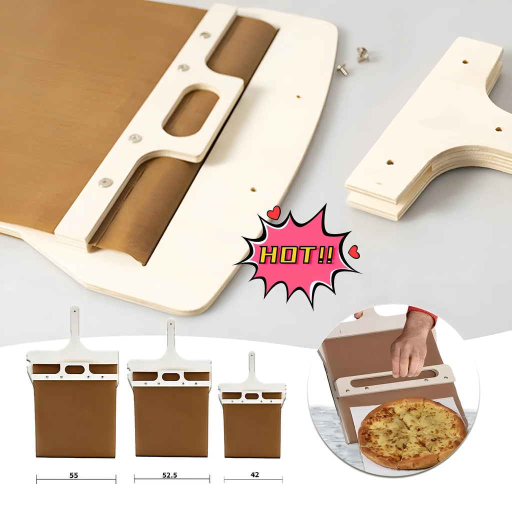 Natural wood sliding pizza peel in log colour with wooden handle, available in three sizes for transferring baked goods
