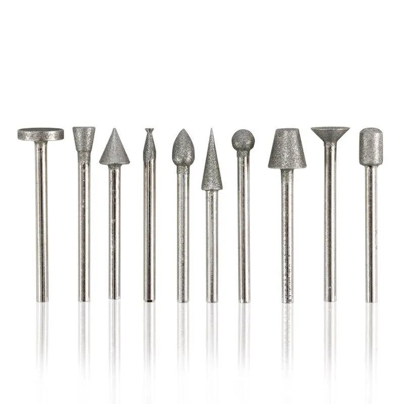 Golden diamond alloy grinding head with 3mm shank and elliptical cone shape for stone carving