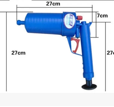 Plastic air power drain blaster gun with four different sized adaptors for clearing blocked pipes