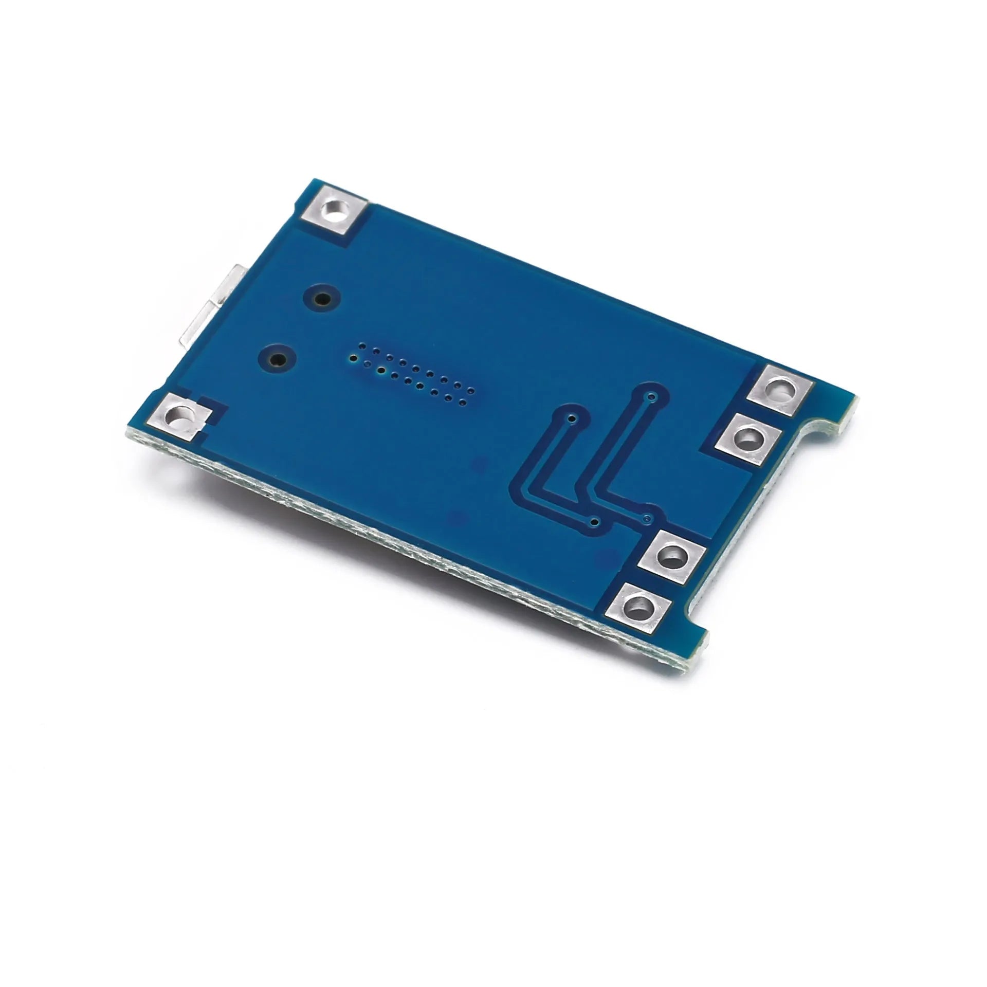 Blue lithium battery charging protection board measuring 2.6 by 1.7 centimetres