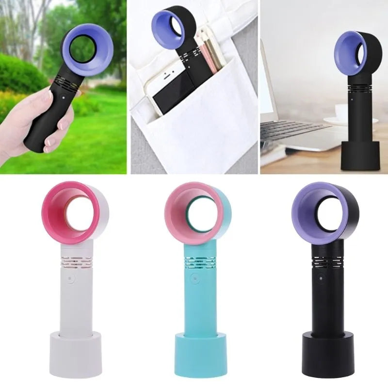 Portable bladeless desk fan with USB cable and base in assorted colours