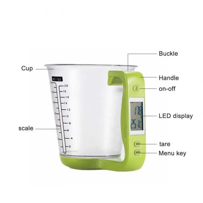 Green digital measuring cup scale with LCD display showing weight measurement