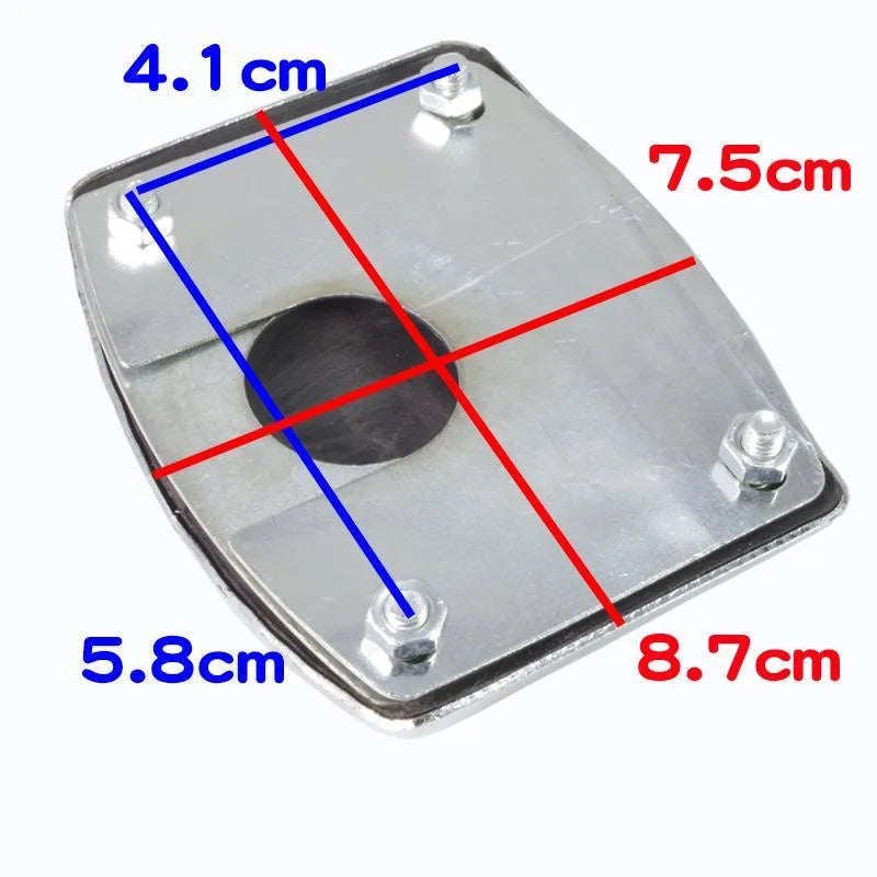 Metal motorcycle brake pedal skid plate showing three style options for universal fit