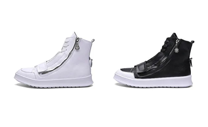 Men's black and white PU leather winter ankle boots in high-top sneaker style with microfiber upper