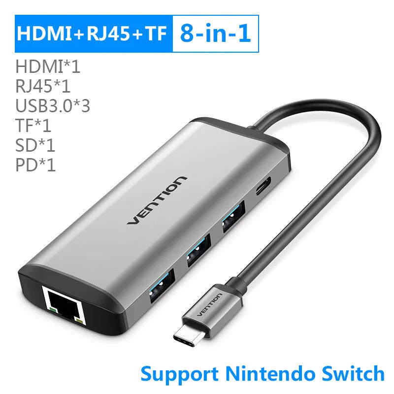 Deep grey USB-C to HDMI, USB 3.0, Ethernet, and card reader 8-in-1 converter hub with 0.15m cable.