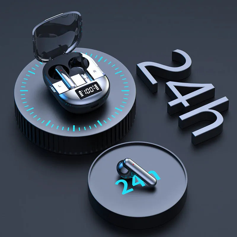 Black and white wireless Bluetooth in-ear headset with digital display and compact charging case